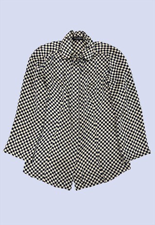 NAVY BLUE CREAM CHECKERBOARD PRINT FITTED WAIST BUTTON SHIRT
