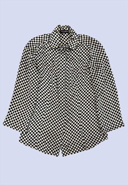 Navy Blue Cream Checkerboard Print Fitted Waist Button Shirt