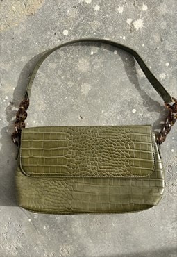 Vintage 00s Crocodile Effect Faux Leather Baguette Bag