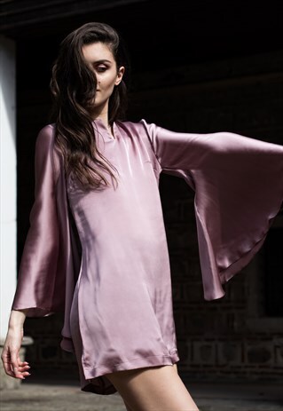 PINK BELL SLEEVE SHORT SILK LOOSE FIT DRESS