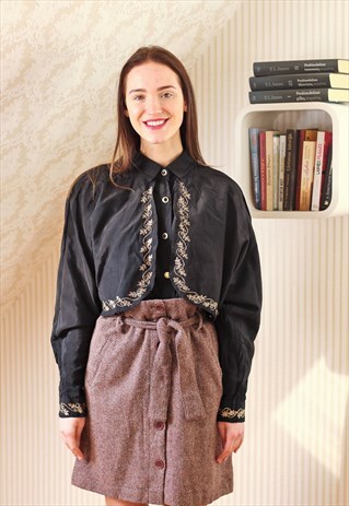 BLACK SATINY VINTAGE SHIRT WITH GOLD COLOUR TRIM
