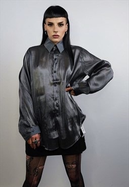 Shiny smart shirt transparent blouse see-through top silver