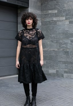 Black Lace Elegant Dress With High Neck