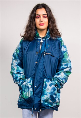 90'S VINTAGE DARK BLUE PATTERNED PANEL CAGOULE JACKET COAT