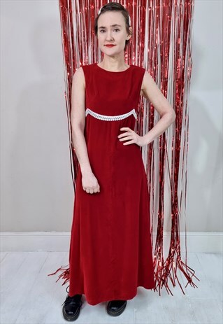 VINTAGE 60'S RED VELVET SILVER GLITTER MAXI DRESS