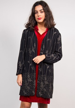 VINTAGE 90'S BLACK PATTERNED KIMONO STYLE JACKET