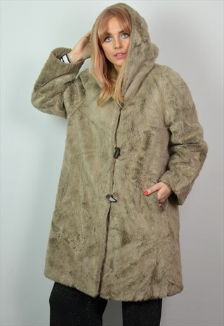 VINTAGE 70S LIGHT BROWN OVERSIZED FAUX FUR HOODED COAT