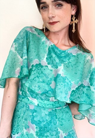 1970S LIGHT GREEN FLORAL CAPE MAXI DRESS