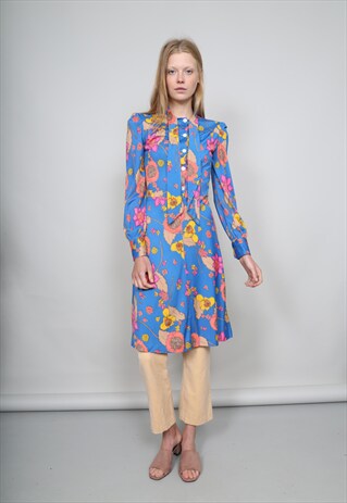 VINTAGE 70'S MULTI COLOURED PUSSYBOW MIDI SHIRT DRESS