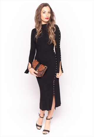 SOFT KNIT MAXI DRESS WITH FAUX PEARL EMBELLISHMENT IN BLACK