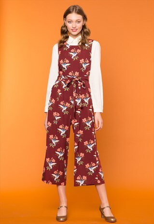 MAROON HUMMINGBIRD PRINT JUMPSUIT