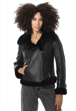 Womens Shearling Pilot Jacket - Silky Black / Black Wool