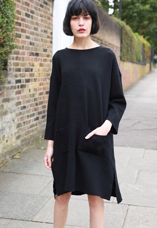 WOOL BLEND KNIT RIBBED DESIGN OVER-SIZED DRESS