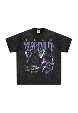Black Washed J.Cole Graphic Cotton Fans T shirt tee
