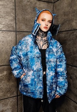 Paisley bomber handmade detachable bandanna  in blue