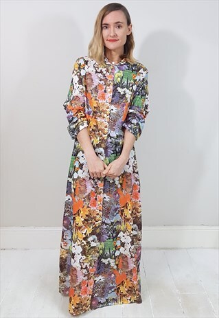 VINTAGE 70'S FLORAL PARK SCENE FULL LENGTH DRESSING GOWN