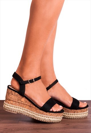 BLACK CORK ANKLE STUDS WEDGED PLATFORMS WEDGES STRAPPY SANDA