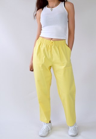 VINTAGE 80S HIGH WAISTED DRAWSTRING YELLOW WIDE LEG TROUSERS