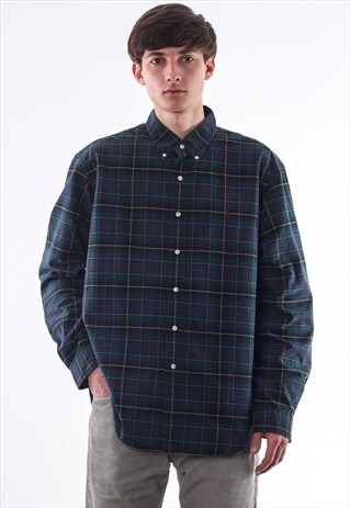 VINTAGE POLO RALPH LAUREN 90S GREEN BLUE CHECKED LONG SLEEVE