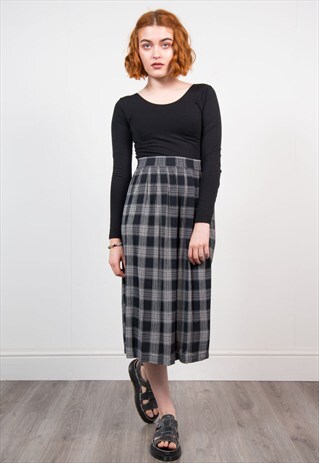 VINTAGE MONOCHROME CHECK GRUNGE MIDI SKIRT