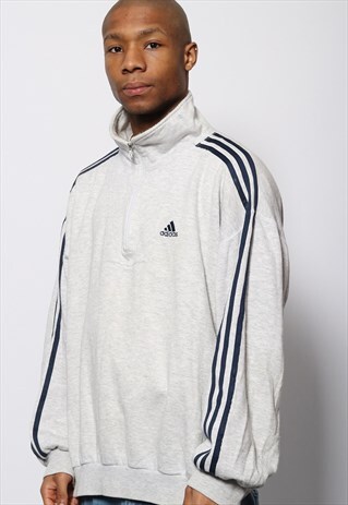 VINTAGE ADIDAS 3 STRIPE LOGO 1/4 ZIP SWEATSHIRT GREY