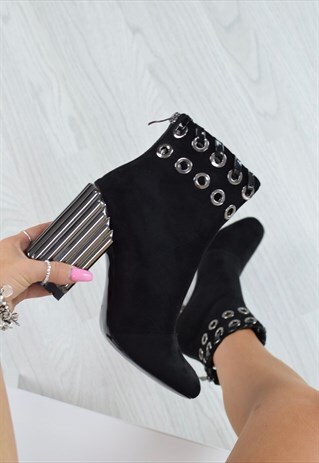 CHUNKY METALLIC RIDGE HEEL ANKLE BOOTS - BLACK SUEDE