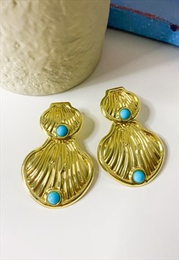 Shell Drop Earrings in Gold and Turquoise