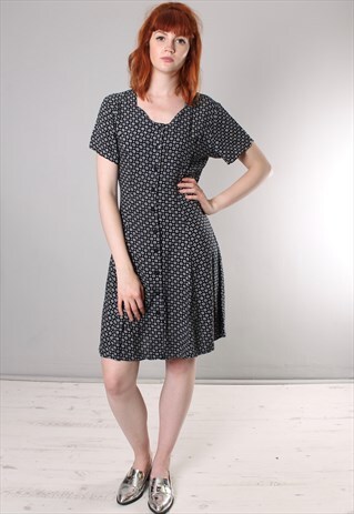 VINTAGE 80S PATTERNED TIE BACK BUTTON DRESS