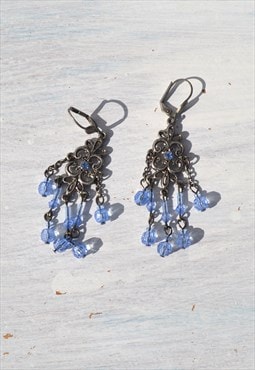 Deadstock blue/silver glass beaded long earrings