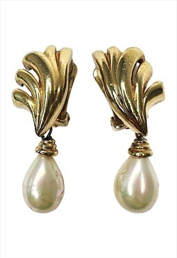 Christian Dior Earrings Gold Pearl Droplet Clip on Vintage