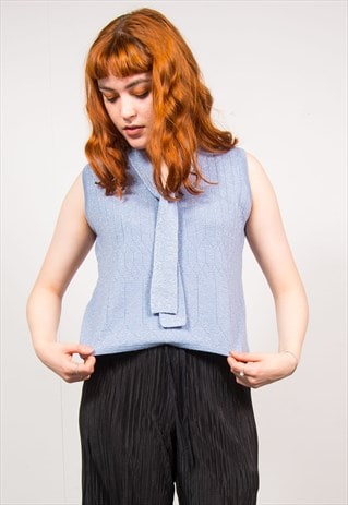 VINTAGE 90'S PASTEL BLUE GLITTERY KNIT NECK TIE VEST TOP