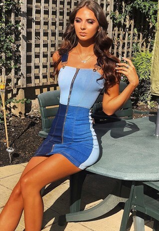 BLOCK PATTERN DENIM ZIP FRONT DRESS