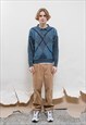 VINTAGE 80S GEOMETRIC BLUE WOOL HALF BUTTON BOXY JUMPER MEN