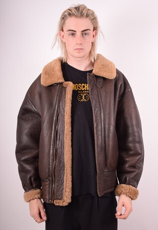 MENS VINTAGE SHERPA LEATHER JACKET XXL BROWN 90S
