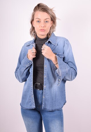 LEE WOMENS VINTAGE DENIM SHIRT LARGE BLUE 90S