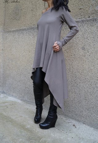 ASYMMETRICAL SWEATER KNIT DRESS RIBBED MAXI BLOUSE F1295