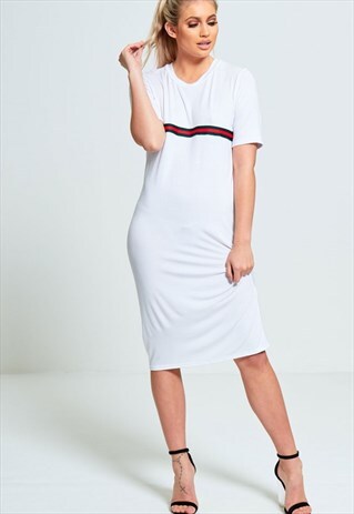 WHITE BASIC T-SHIRT DRESS WITH STRIPE DETAIL