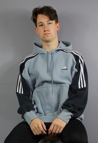 VINTAGE ADIDAS HOODIE IN BABY BLUE WITH EMBROIDERED LOGO AND