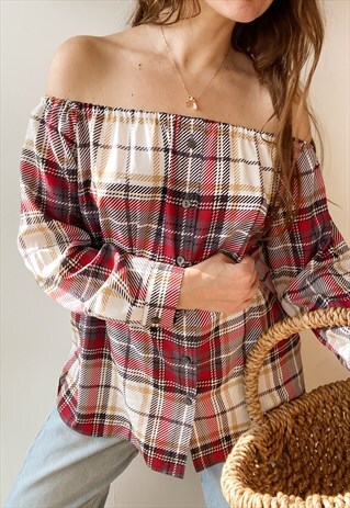 VINTAGE 80S TARTAN REWORKED OFF-SHOULDER BARDOT BLOUSE TOP