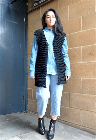 VTG 70S BLACK KNITTED POM POM WAISTCOAT