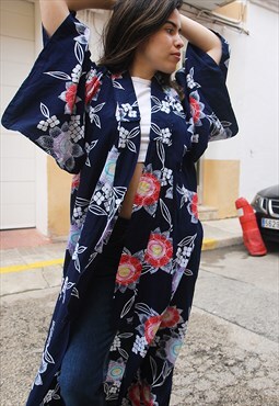 Navy Blue & Red Floral Print Full Length Kimono Jacket