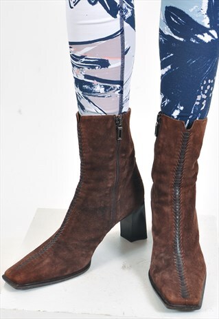 VINTAGE SQUARE TOE SUEDE LEATHER HIGH HEELS BOOTS