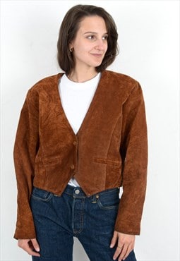 Vintage Women's M Suede Leather Brown Cropped Jacket Blazer