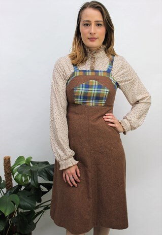 VINTAGE 1970S BROWN & CHECK PINAFORE DRESS