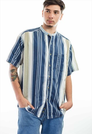 VINTAGE NEHRU COLLAR STRIPE SHIRT 90S L 9.3