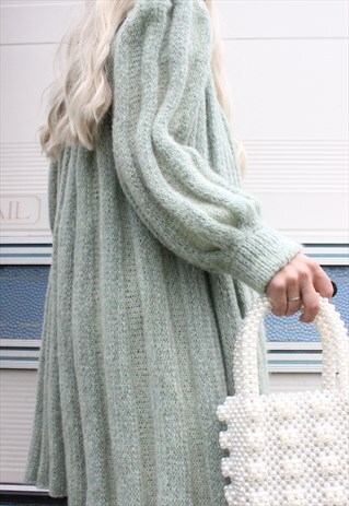 VINTAGE 1950S MINT GREEN HAND KNITTED RIBBED CARDIGAN