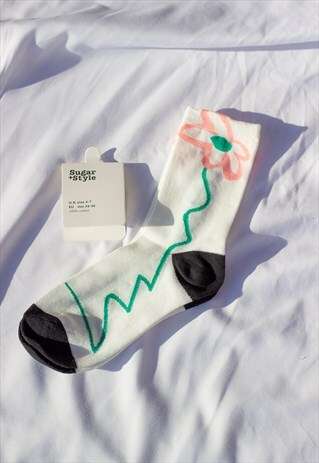 Pink Green Black Illustrated Floral Top Socks