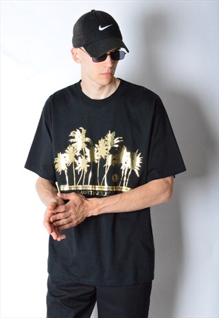 VINTAGE 80S BLACK GOLD PALM TREE FESTIVAL PARTY T-SHIRT