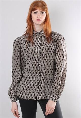 VINTAGE 80S SATIN GEOMETRIC PATTERNED PUFF SLEEVE BLOUSE