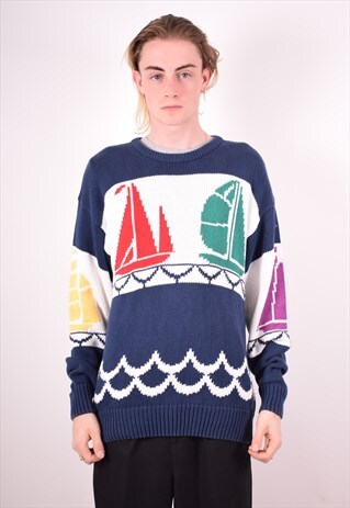 MENS VINTAGE NAUTICAL JUMPER SWEATER MEDIUM MULTI 90S